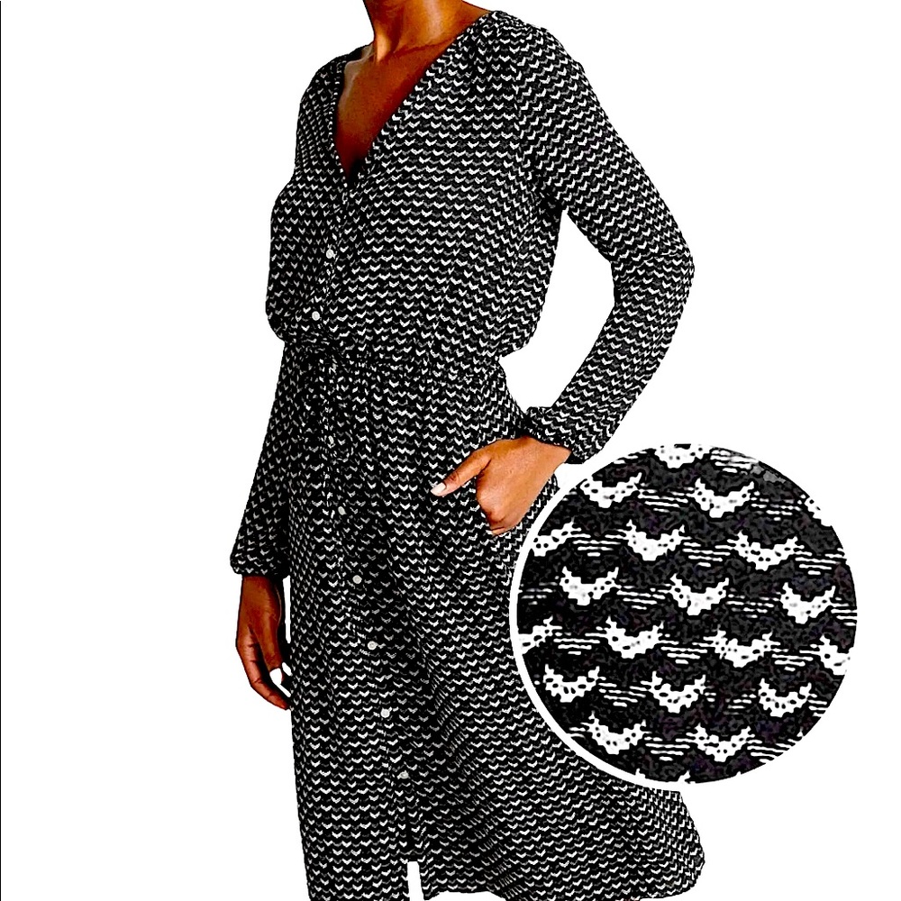 Gap Long Sleeve Button Down Black Print Midi Dress Size S - Picture 1 of 17